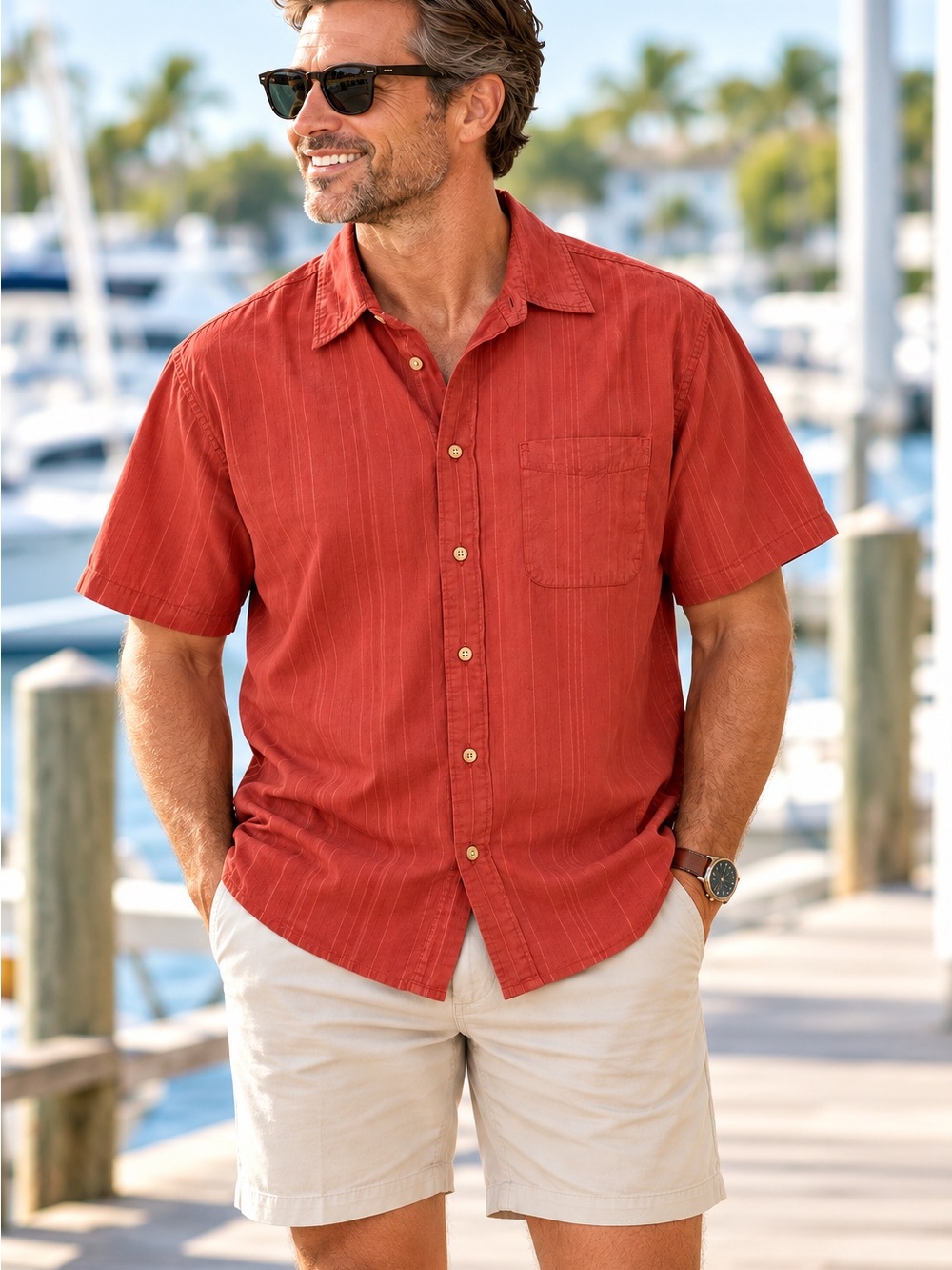 IZOD Jeans Men XL Rust Stripe Cotton Button Up Shirt Coastal Preppy